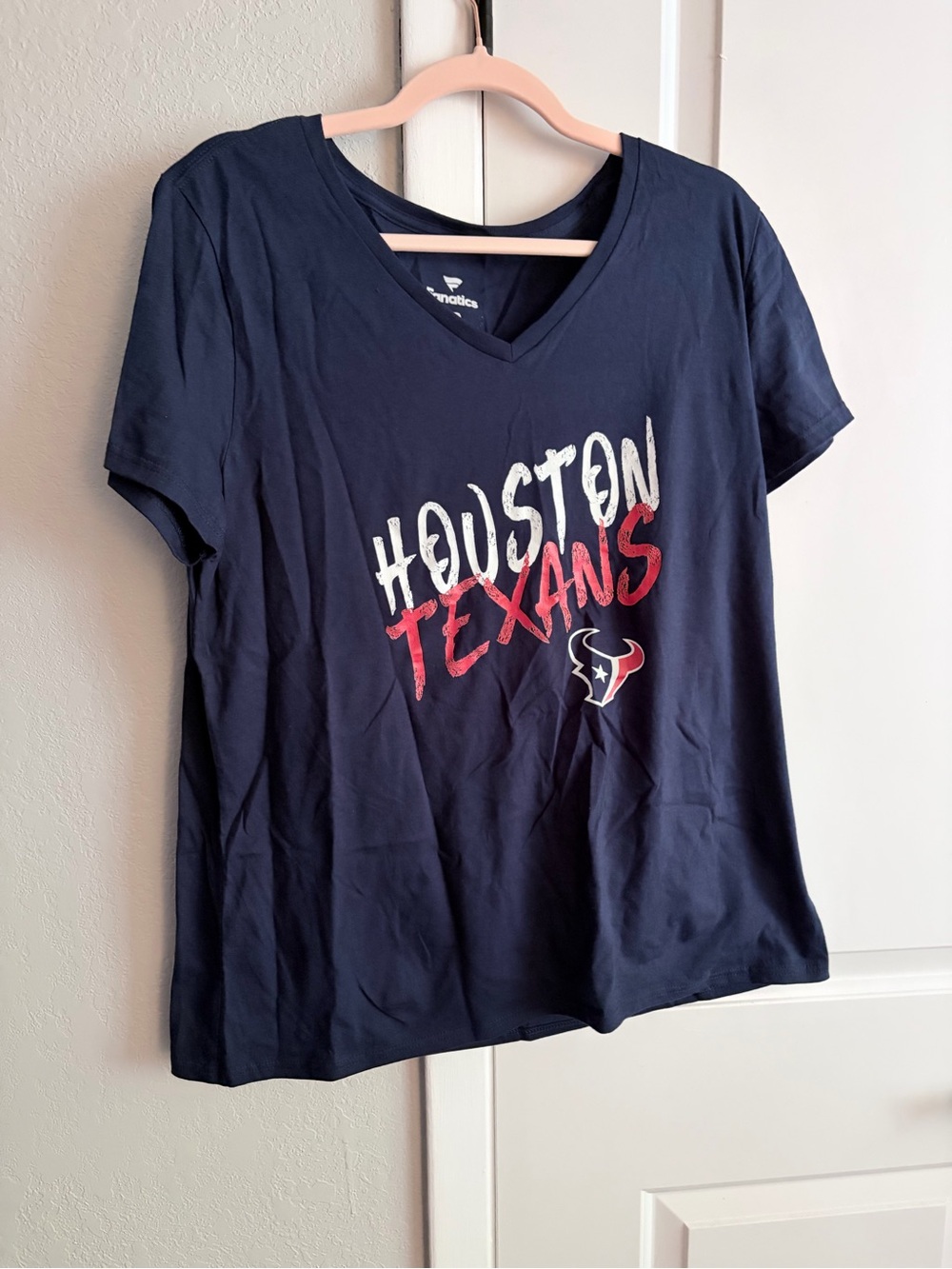 Fanatics Navy Houston Texans V-Neck Tee with White and Red Script